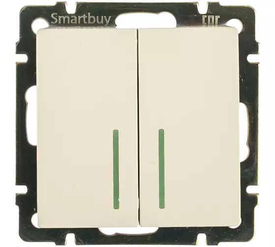 Выключатель 2-клавишный 10А белый с индикатором НЕПТУН «SMARTBUY» SBE-05w-10-SW2-1