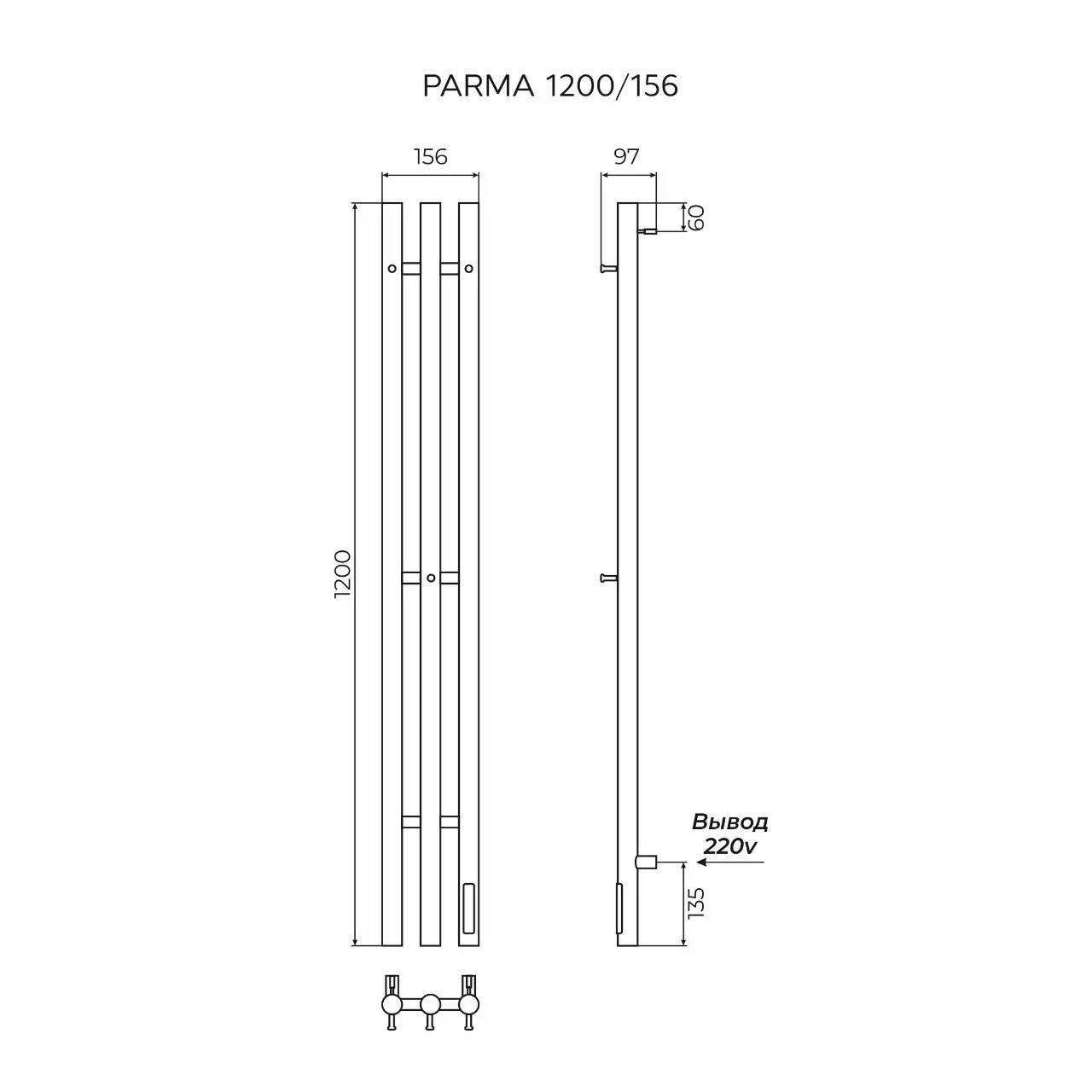 Полотенцесушитель электрический AZARIO PARMA 1200/156 стойка, 3 секции, диммер справа, черный (AZ83861B) — изображение 3
