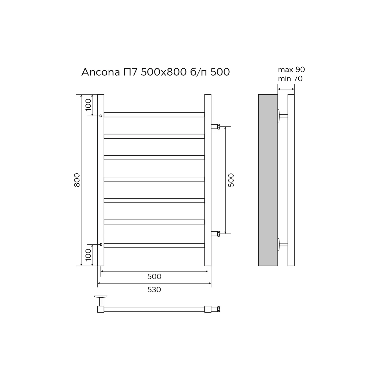 Полотенцесушитель водяной AZARIO ANCONA 500/800 квадрат, 7 секций, боковое подключение, 3/4", хром (AZ71558) — изображение 4